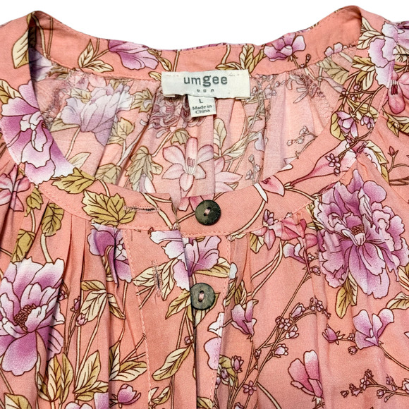 UMGEE Floral Short Dress Rose Gold Tassel Belt 3/4 Puff Sleeve Boho Flowy Large - Picture 5 of 11